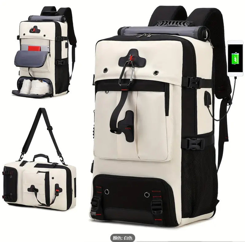 Large capacity black travel backpack with multiple compartments