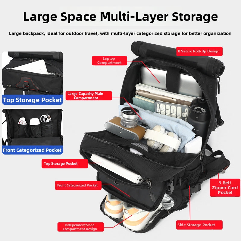 Spacious travel backpack with organized storage compartments