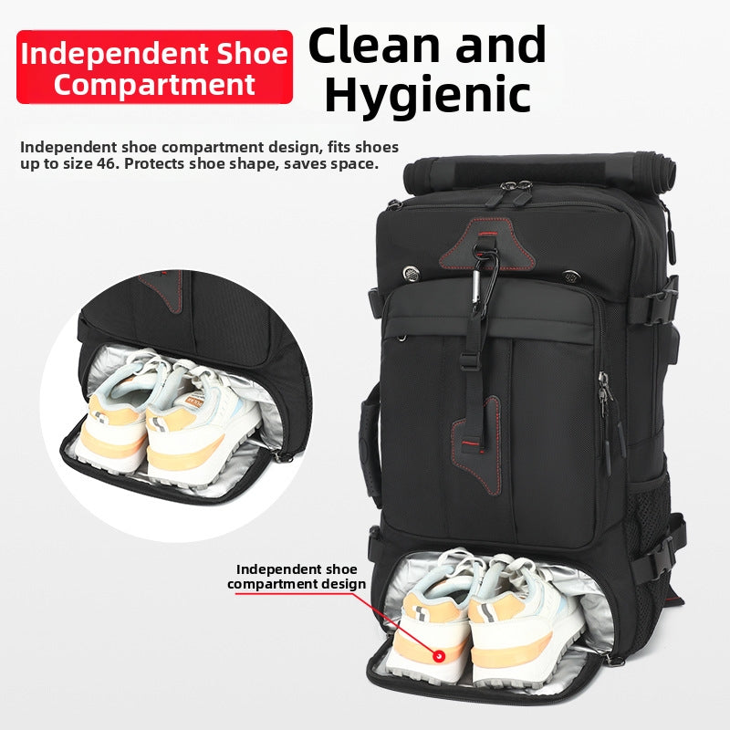 Travel backpack with separate shoe storage compartment
